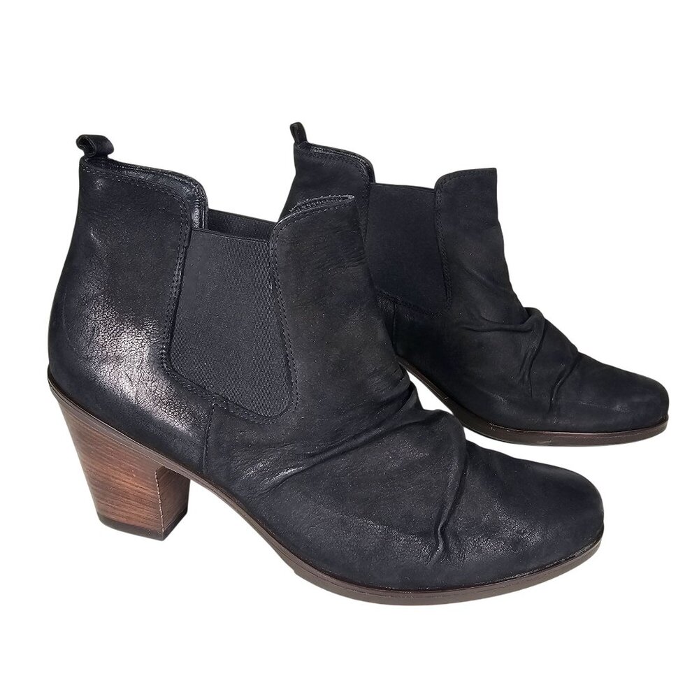 Paul Green Munchen Leather Ankle Chelsea Boots Scrunch Heel Black Womens 6.5